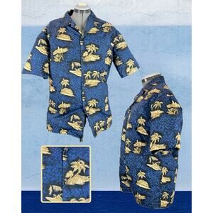 Vintage  Royal Creations Hawaiian Blue Thatch Weave Tan Island Button Shirt L